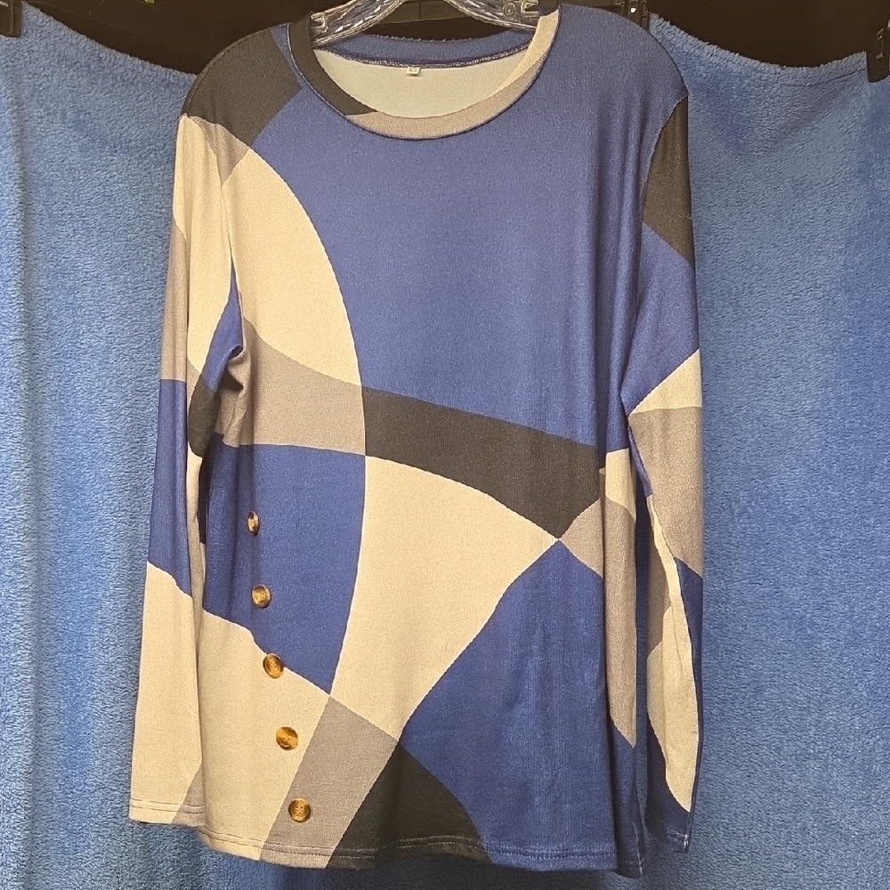 Source Unknown Blue and Gray Abstract Long Sleeve Top